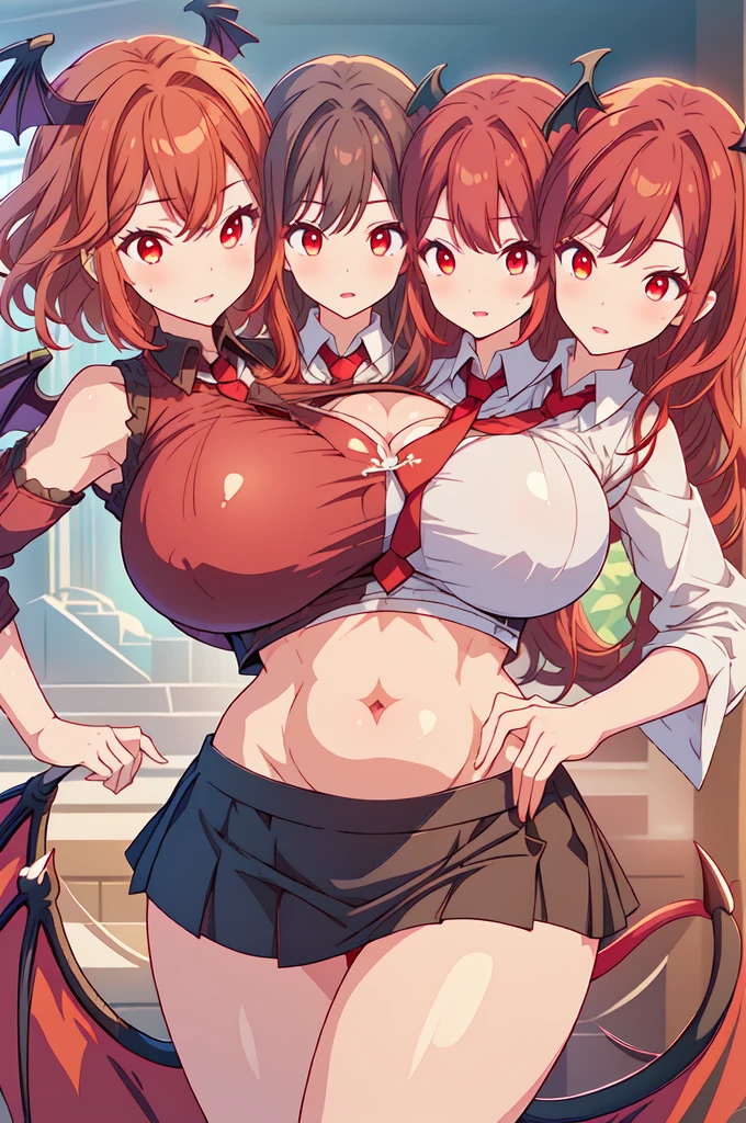 multitple thick body females in the kitchen wearing t shirts rolled up exposing red detailed lace pattern bra and wearing long skirt with middle vertical slit parted to the side (show full red lace pattern panties under skirt), (show bare breast and nipples hanging out of transparent bra), nsfw, brightly lit kitchen