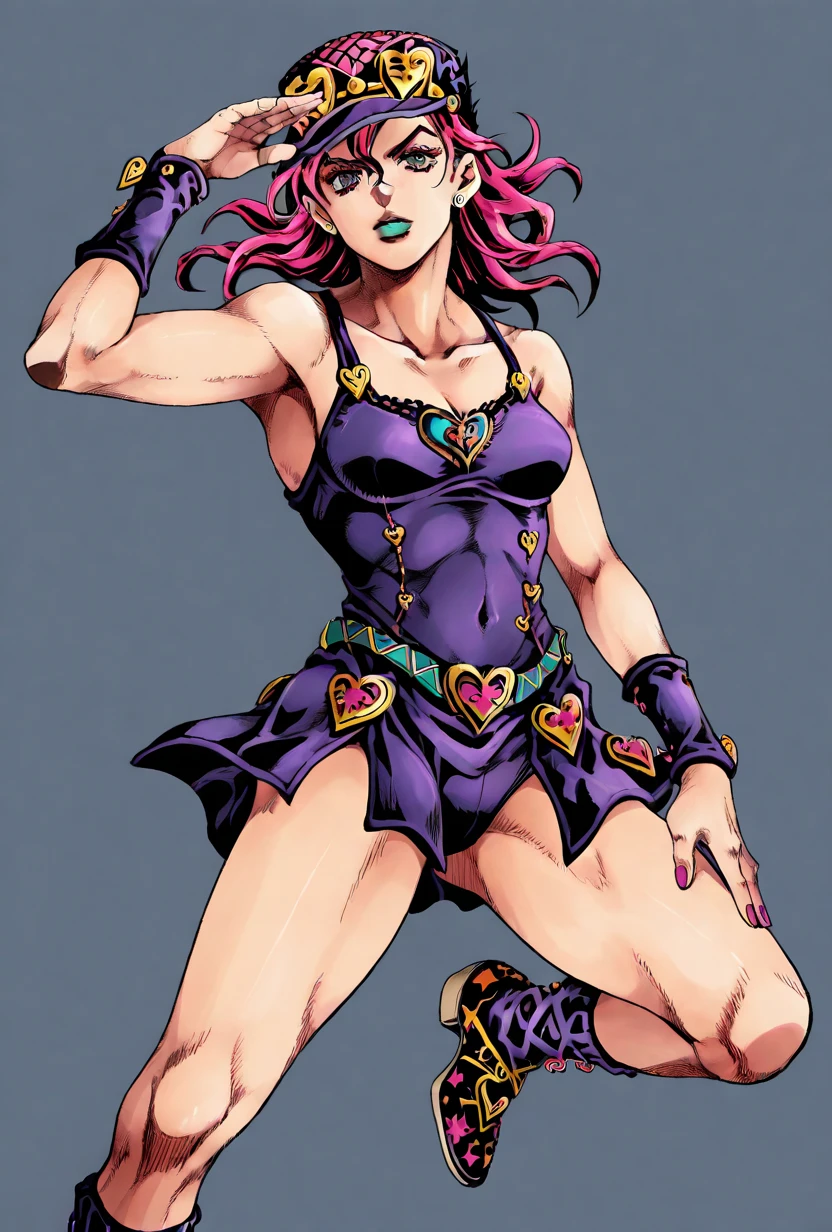 ((masterpiece)),(((best quality))),((character design sheet)), ((full body view)) illustration,1girl, muscular, ((tight purple dress:1.2)), buttercup, pink hair, purpledress ((detailed face:1.4)) beautiful woman, blunt bobcut, (black corset:1.2)shiny skin, scribbles and marks, , rough sketches, pose, 8k,16k, (simple background, white background: 1.3)
