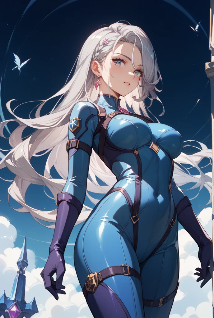 ((paysage campagne ruines)), jambes grasses, (extremely fine and beautiful:1.1), (perfect details:1.1), (finely detailed eyes and detailed face:1.3), Azur Lane, Azura Cecillia, perfect proportions, long hair, blue eyes, gloves, jewelry, blue hair, pink hair, earrings, white gloves, streaked hair, shining bodysuit, hair behind ear, pilot suit,