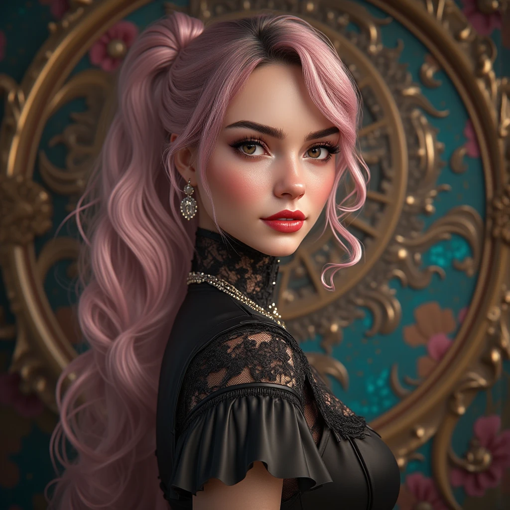woman, Severe, elegant, Pink Dress, Aristocratic, silver element, Long nails, Exposing shoulders, Hairstyle, Put your hair up, Braids and ponytails, Messy, arrogant, Absurd, Detailed dress, Royalty, celebration, Hall decorated with flowers, Cowboy Shot, Portraiture, (highest quality), (masterpiece), (Very detailed), (4K),necklace、Big swaying earrings,
