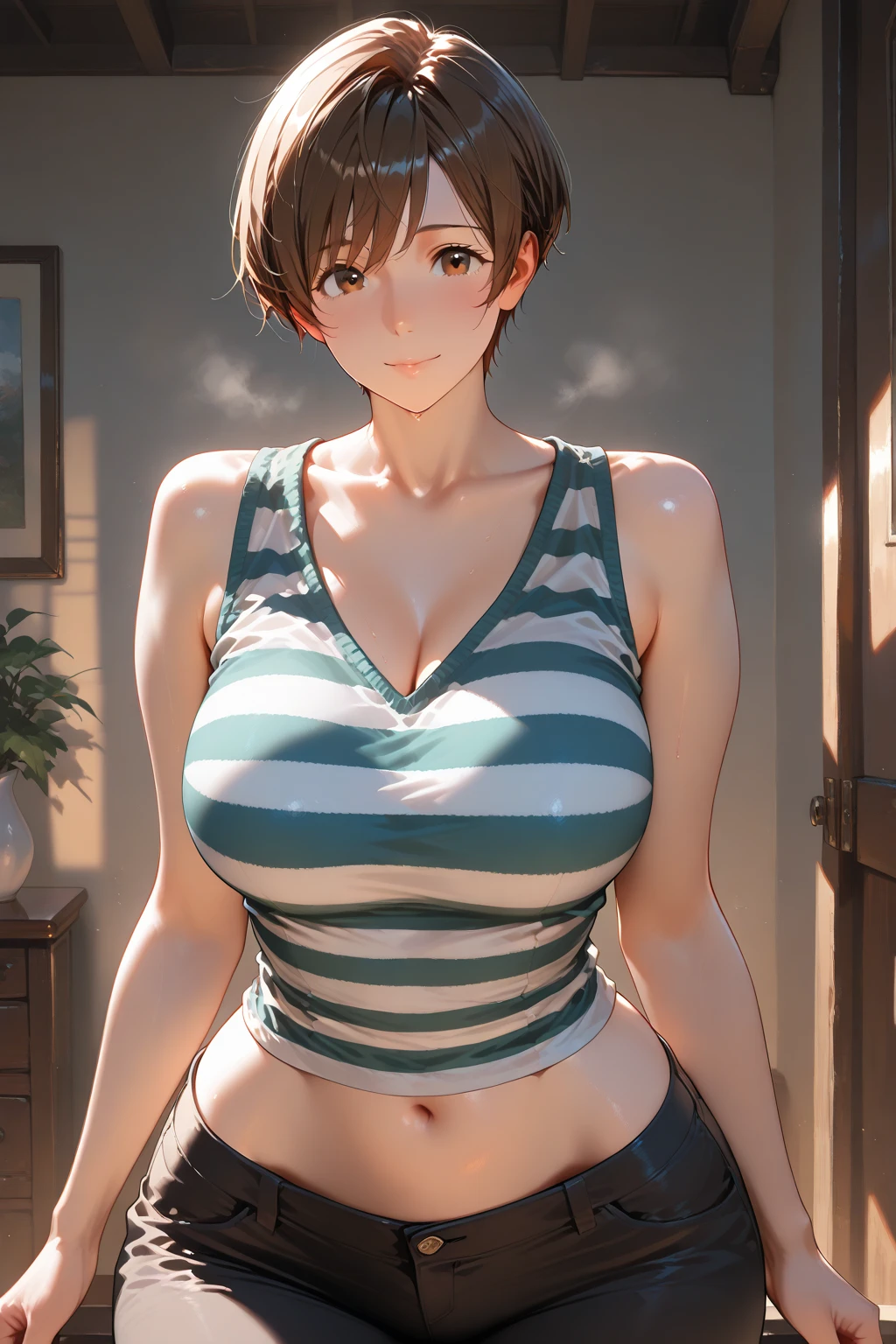 (((masterpiece))),(((High resolution)))、(((8K)))、(((perfect face)))、(((beauty of japan)))、40 years old、(((beautiful face))), (((brack tanktop))),  panty, embarrassed look, look at the camera, (thighs)、top quality eyes, detailed texture, look at the camera, standing, plump, big tits
