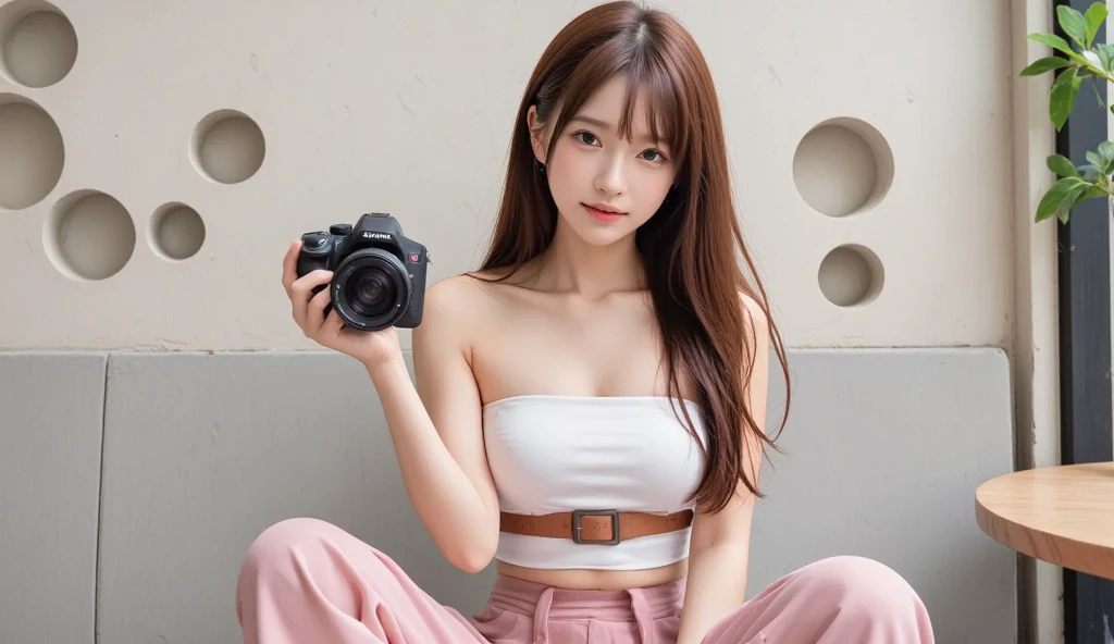 (RAW Photos:1.2), (Realistic), Beautiful detailed girl, Very detailedな目と顔, Narrow and beautiful eyes, Large file size, High resolution, Very detailed, highest quality, [Tabletop:1.6], shape, Very detailed, Finer details, highest quality, 8k wallpaper, Cinema Lighting, 15 year old Japanese girl, Fashion Model, Photo Studio, photo shoot, Cool look, In underwear, No top, White underwear is visible, White bra visible, White panties are visible, long hair, Slender body, Young mother, Small breasts, Exposed underwear,  Model work, Camera shooting