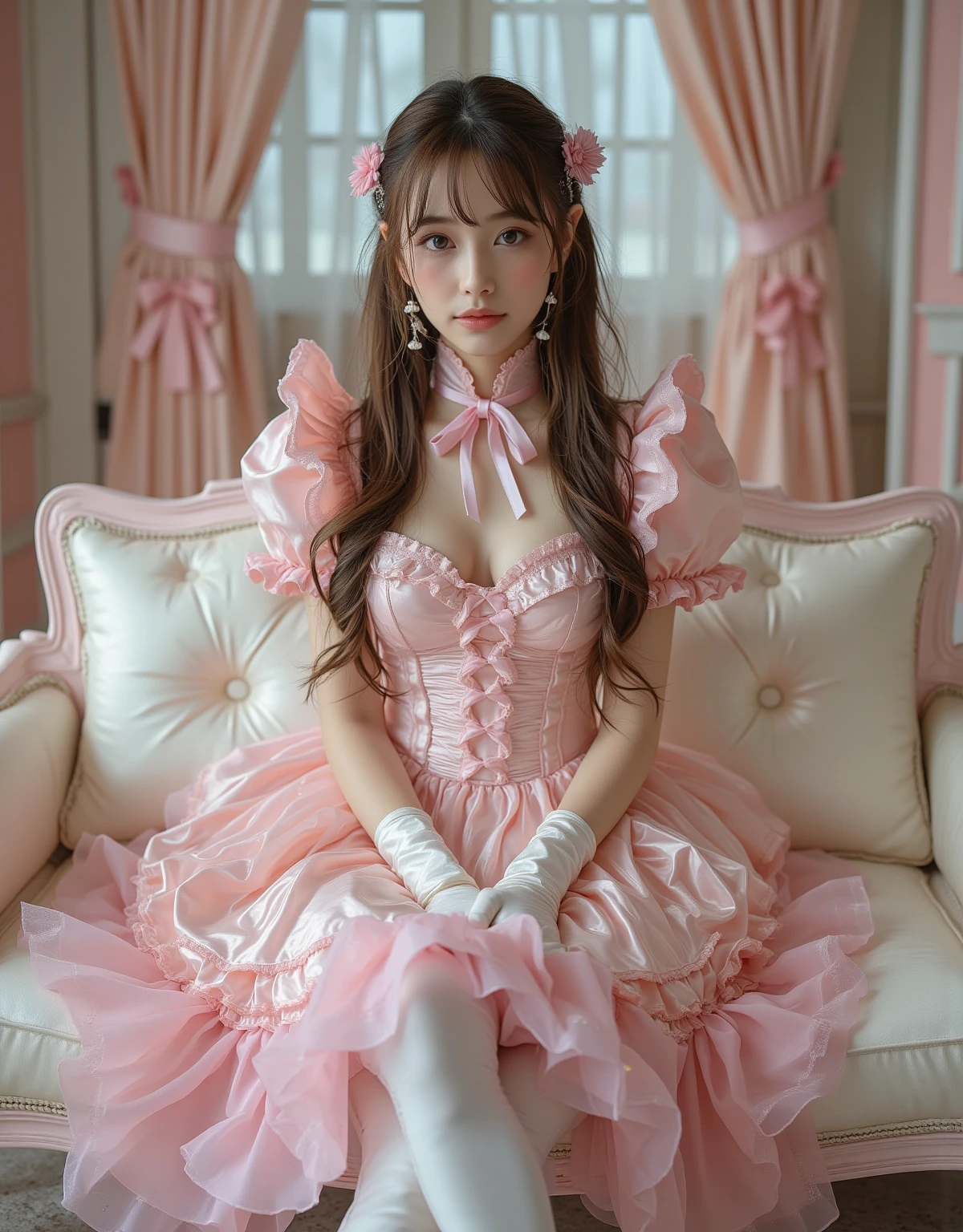 highest quality, masterpiece, highest resolution, artwork, super get used to it, many become familiar with, become familiar with, get used to it, woman, 10 years old,the two girls are princesses,pink victorian dress,long sleeve,long dress,A dress with lots of frills and ribbons.,high quality dresses,luxury,Two kiss,(Luxury Bedroom),high quality princess canopy bed,