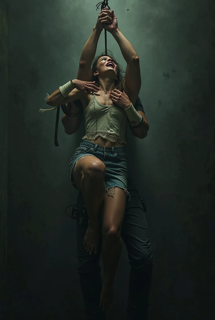 A man laying on his back, arms tied above his head, ankles and knees tied with ropes pulling his legs wide a part. A young teenage girl stands over his with her barefoot planted firmly on his face. The girls barefoot envelopes the mans entire face, only the outline of the mans Head can be seen. The girl is laughing and pointing at the tied up man as she stands on his face.