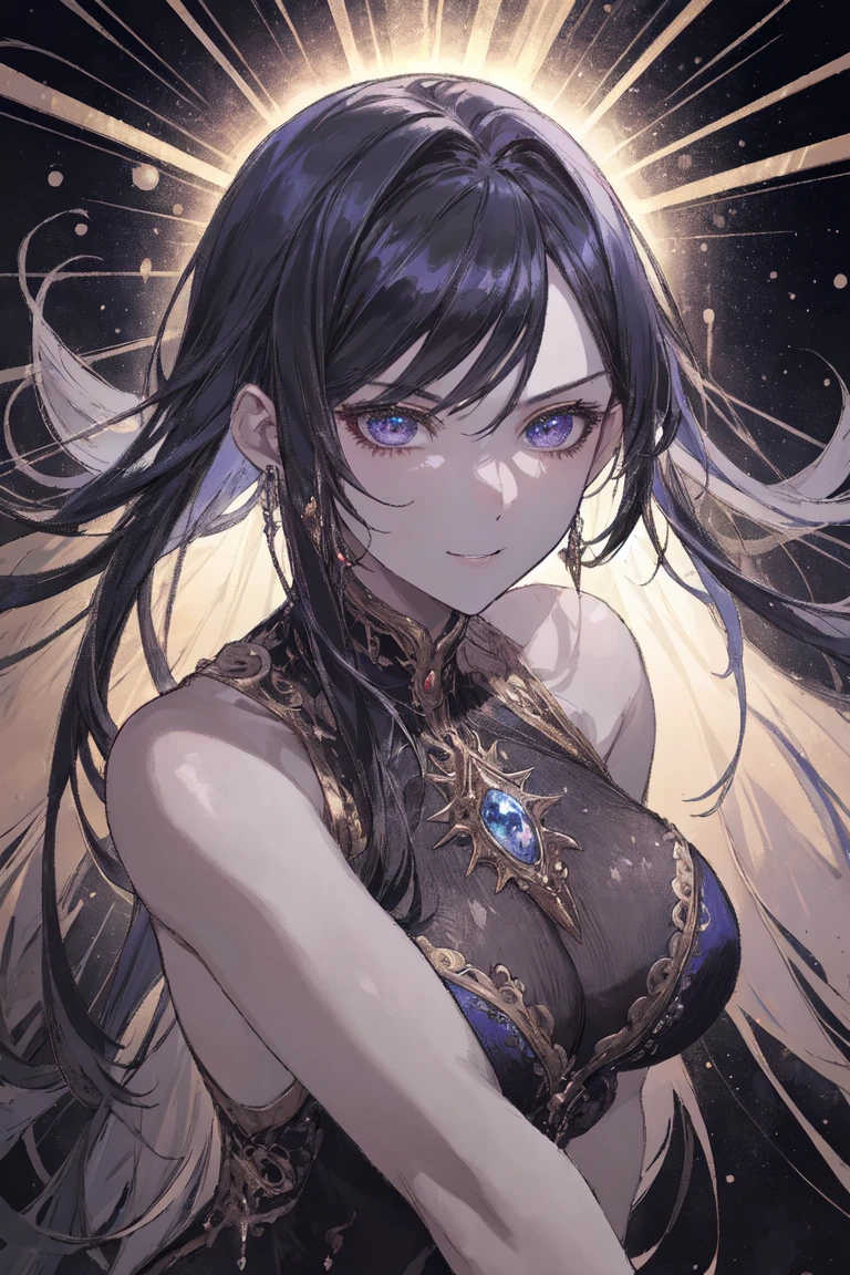 Woman with straight and fringed black hair, yellow eyes, royalty, beautiful woman, adult woman, sexy woman, blue dress