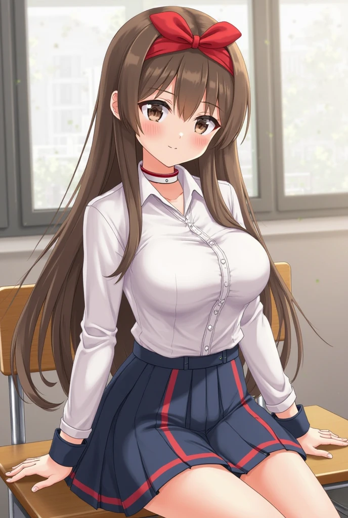 1girl, solo, breasts, long hair, skirt, cleavage, shirt, short sleeves, pleated skirt, red skirt, white shirt, cowboy shot, collared shirt, closed mouth, looking at viewer, collarbone, messy hair, breast pocket, large breasts, hair between eyes, classroom, upper body,