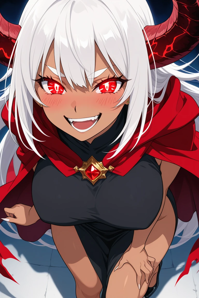 A woman, flowing white hair, melancholy eyes, yellow pupils, black diamond-shaped hairpin, Tiny feathers are dancing, angry, arm support, arms up, incoming hug, pov, reaching, reaching towards viewer, looking at viewer, She is sitting on a super huge red silk soft duvet, Adult woman with big tits.
