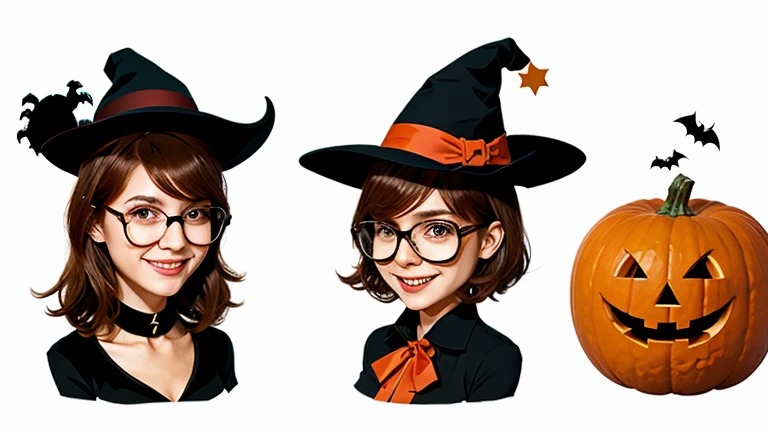 Girl in witch costume, multiple poses and expression, white background, children's book illustration style, simple, cute, 6 years old, bright colors, short black hair, fair skin, with glasses, intricate details,