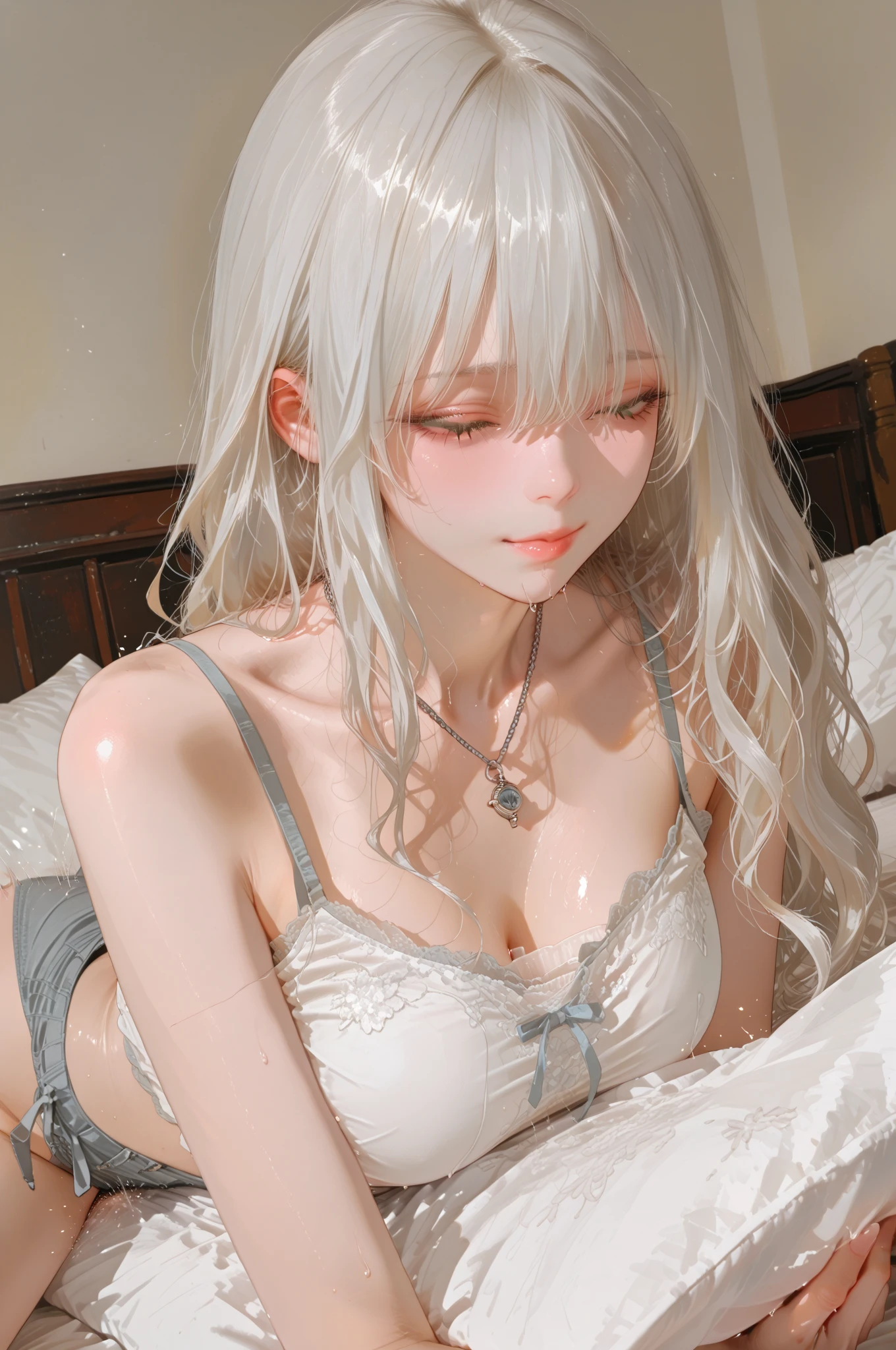 White tones，white colors，Sexy Girl ，from the rear，Turn your face away from the camera，butt to camera，Tummy down，bent down，With a petite figure，tiny body，slimfigure，slim，teens girl，Petite，whaite hair，White hair，Hair covers the chest，White bed，big breasts enchanting，seductiv，Open legs，Look up at your head，transparent silk pajamas ，thick long hair，Empty space，Pure white space，Highly detailed body，Highly detailed face，best qualtiy