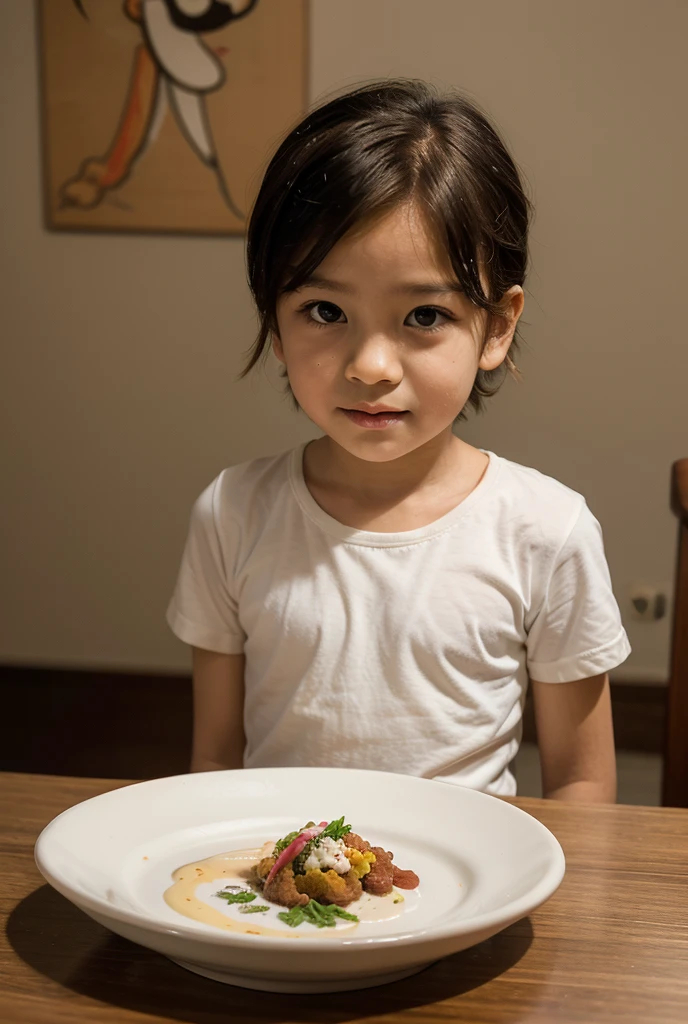 (8k, RAW photo, best quality, masterpiece:1.2), High detail RAW color photo, professional photograph, (realistic, photo realistic:1.37), ((best quality)),((a very beautiful and very cute little girl)),(((the girl is 5 years old))),(((
the girl looks happy when she sees a lunch plate for on a table))),(((the lunch plate places with small separate servings of hamburger steak, spaghetti, salad, fried rice, and pudding:1.27))),