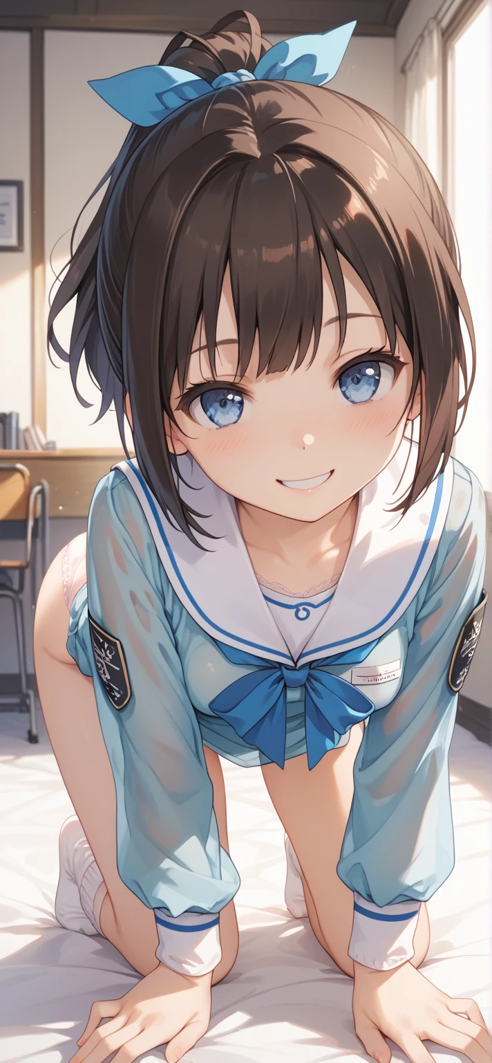 ultra-detailed,(masterpiece:1.2) , (best quality:1.2) , (ultra-detailed:1.2), 2.5D,extremely detailed, girl,masterpiece, best quality, extremely detailed, anime,dark brown hair,medium hair, hairpin,BREAK,blue eyes,BREAK,everlasting summer,white panties,smile,:d,Action,ass focus, panties tugged to the side
