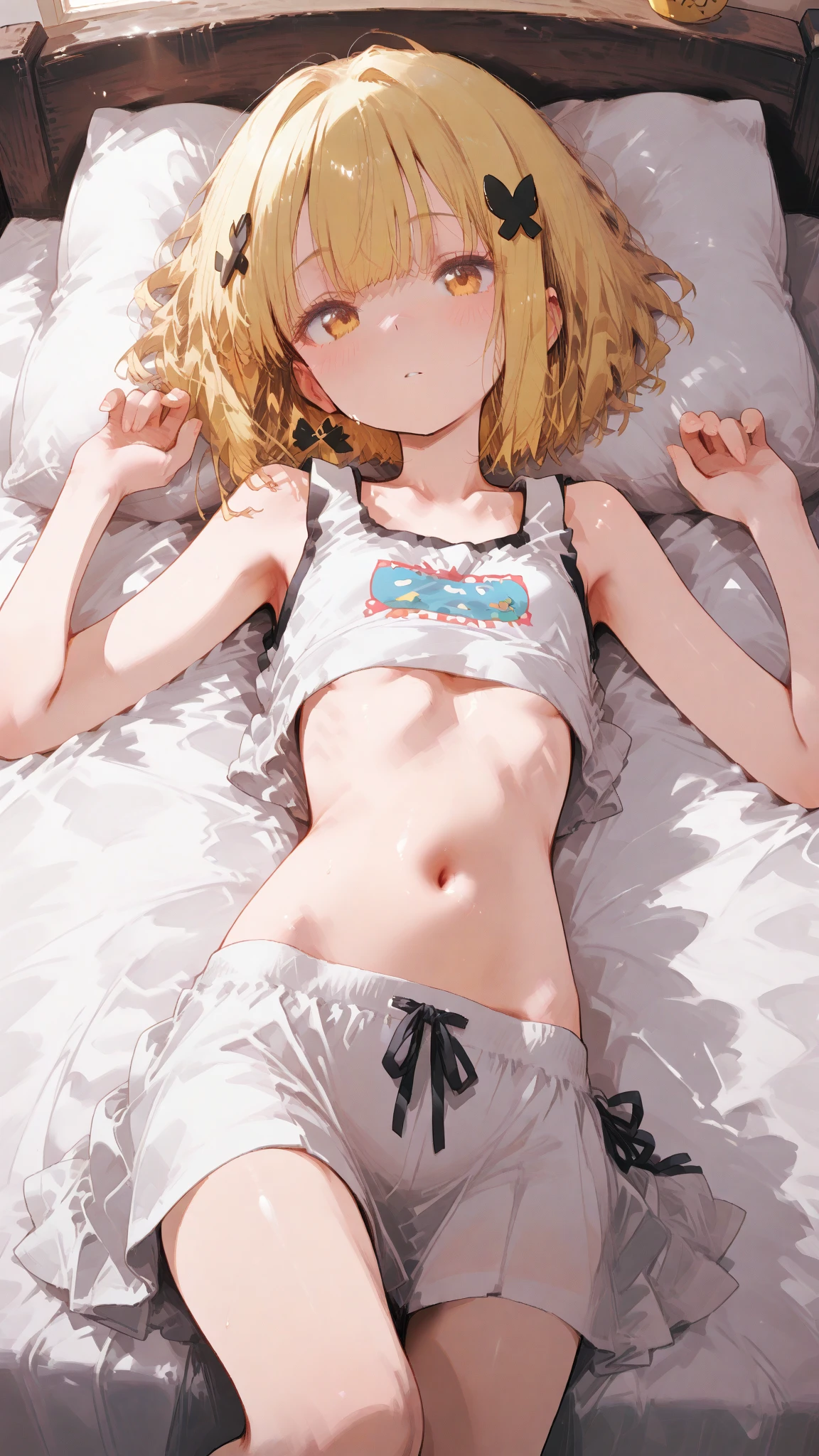 Browsing Caution,Only one person,(Petite),((One cute boy)),((Groin bulge)),Lie down on your back,Blonde woman with low pigtails,lips,Sweat,White Breath,Swimwear,The gaze of the viewer,A begging expression,