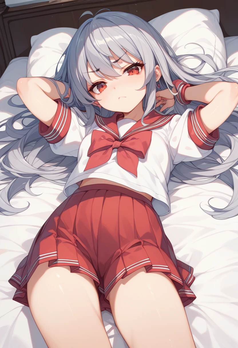 (((masterpiece))), (((best quality))), ((ultra-detailed)), (illustration), (1 littlegirl), (solo), ((an extremely delicate and beautiful)), little girl, onthebed, beautiful detailed eyes, ((((school uniform)))(((serafuku))) toddler