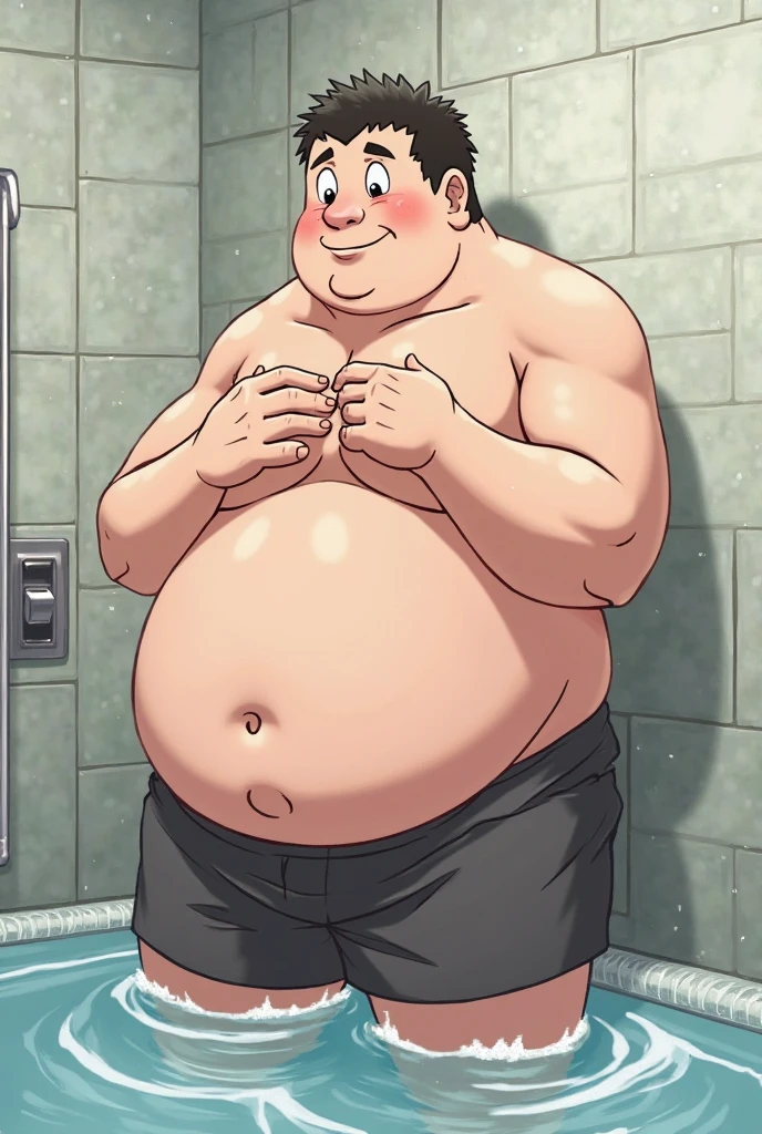 alone，male，chubby，Shirtless， alone， detailed， high resolution，， masterpiece，Excessive obesity，Obesity in the extremities，overweight，junpei，people，whole body，Lift your feet, naked, penis (ejaculation) smile, big belly, , bath