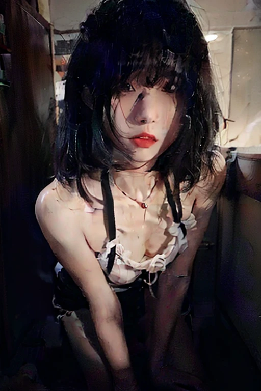 In a hotel room, 18-year-old, Gothic Maid, Tokyo Street at Night,  ((Squatting on your knees、put in、Deep joy、Ecstatic Eyes:1.2）,(Top View:1.5）,  despair, ((I gasp hard:1.2))、Ecstatic face、Natural Makeup, Watery eye、?????? expression、look up、Staring at the ceiling、My whole body is convulsing, Maid Choker, ((Exposed breasts))、Thighs, Gothic Lolita Fashion, Frilled Skirt、Glowing Skin、Cleavage、Lots of frilly socks、Official Art，非常に詳細な CG Unity 8k 壁紙, (masterpiece:1.0),(Highest quality:1.0), photo shoot, 8k, Browsing Caution, High resolution, Kodak Portrait 400, Film Grain, Lens flare brilliance,View your audience, Shen