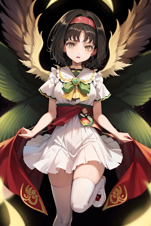 masterpiece, best quality, <lora:ReiujiUtsuho:1>1girl,reiuji utsuho, wings,long hair,black hair,red eyes,hair bow,third eye, white shirt,green skirt,frills,short sleeves,grey background,
