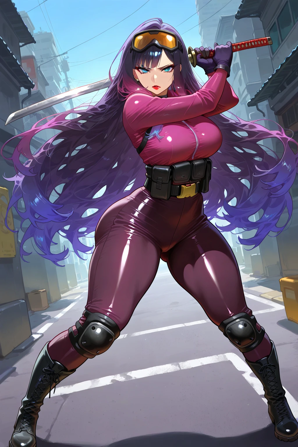 Anime girl in purple costume poses with sword and sword, Extremely detailed Artgerm, Katana Zero video game character, Psylocke, Purple armor, the cute sexy ass, sleek purple armor, Style Artgerm, tightsuit, fishing nets