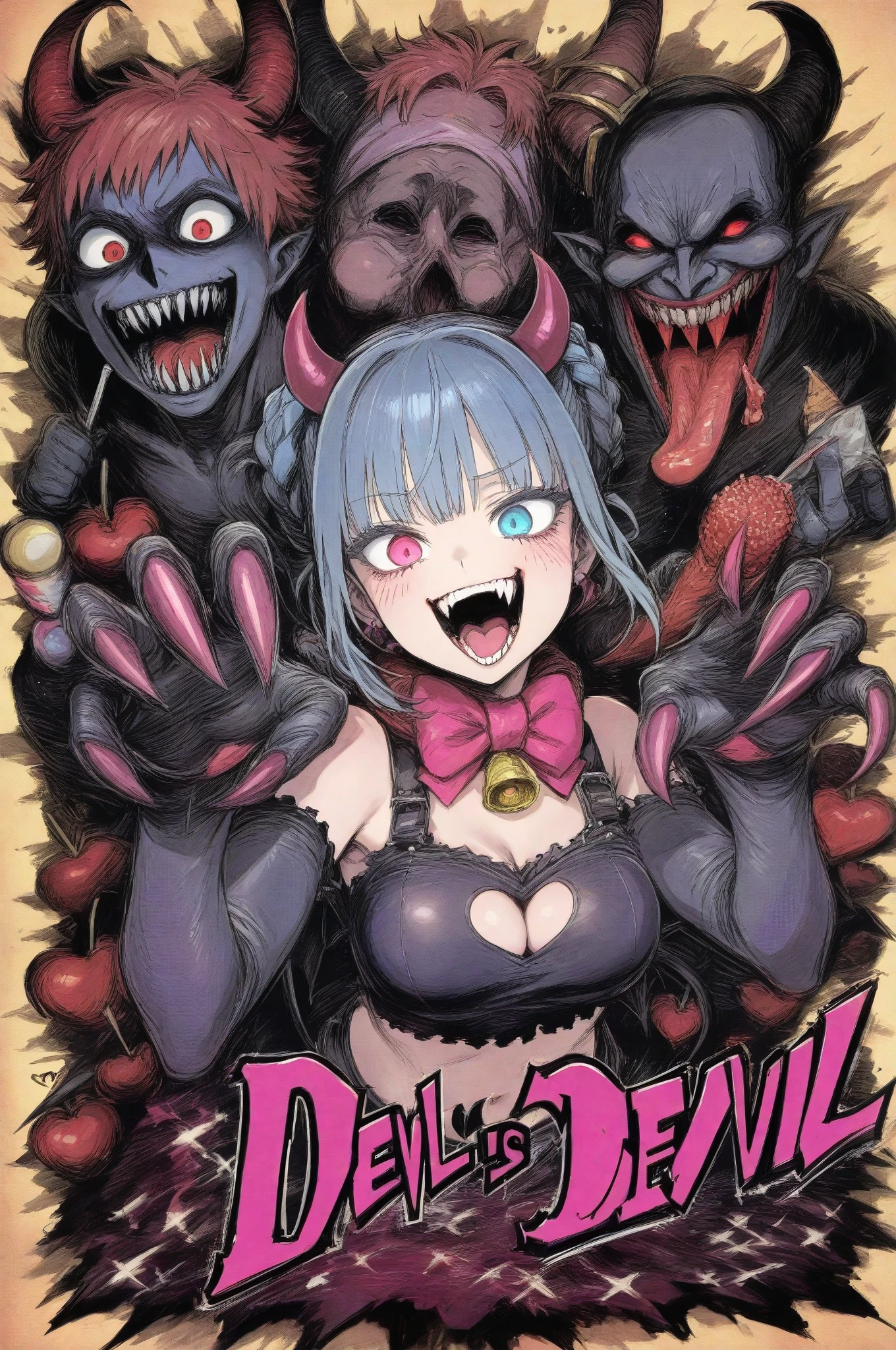 big lips, Brown hair, pink eyes, japanese face, improve, improve grin, two sides up, huge breasts, Wide hips, sexy, detailed, green room, Hits, (evil smile1.4), kawaii, pleated skirt, punk, GOOD, zombie costume, zombie shirt, zombie choker, zombie skirt, dezombie shirt,navel piercing