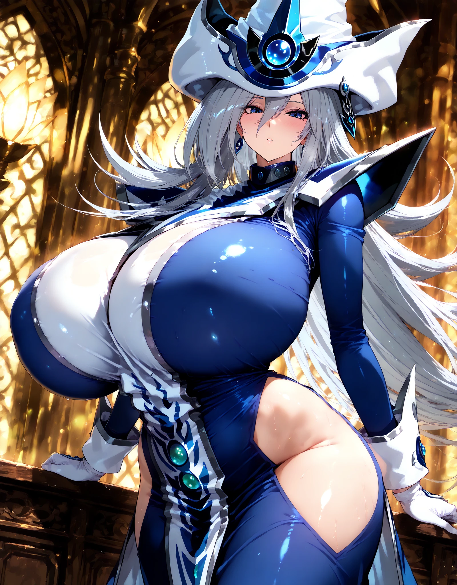 masterpiece, best quality, very aesthetic, absurdres, 8k, tlps,1girl,solo, pointy ears, single braid, aqua hair, scared expression, bare shoulders, large breasts, cleavage, sideboob, black horns,detached collar, japanese clothes, detached sleeves,fingerless gloves,obi,pelvic curtain,white thighhighs, okobo, sitting on armchair, , indoor, palace, (gigantic breasts: 1.2)