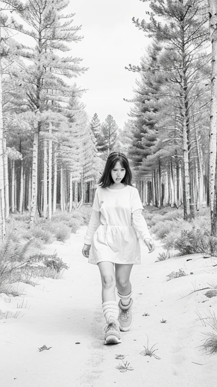 There's a woman walking through a flower garden in an all-pink dress with white accents, vestido poligonal branco, no caminho das flores, em roupas rosa, usando vestido branco, na jardim, em uma jardim, uma mulher bonita no branco, usando um vestido branco, em floresta profunda, Seseon Yoon, vestido de branco, kwak ji jovem, apenas yoon, lu ji | |