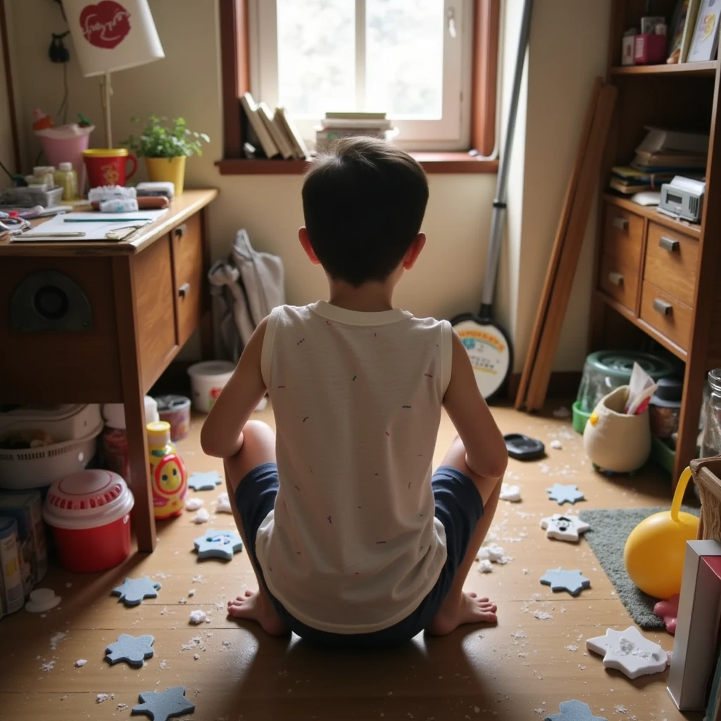 little 6 year old japanese boy with brown hair, whole body, tight black shorts, [black clothes],  half shirt, seated, downstairs bedroom, whole body, View from below,laptop gaming, player, playing 