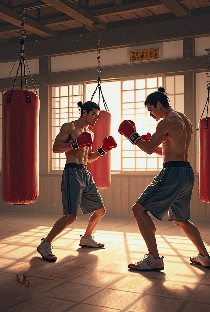 crée-moi une image représentant une jolie salle de boxe avec des boxeurs dans une ambiance chaleureuse avec de jolies couleurs qui donne envie au public de venir s’entraîner