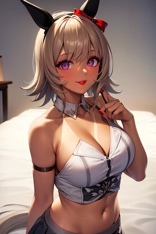 (best qualityer, work of art), 1 girl, beautiful girl, maroon_eyeballs, ((body hair color [Silver body hair], [pixie cut with bangs] body hair)), aretes, lips, manga curta,realisitic, narrow waisted, enchanting, colorful makeup, long eyelashes, skin fair, (cute), (detailed face), detalheed eyeballs, detailed iris, 