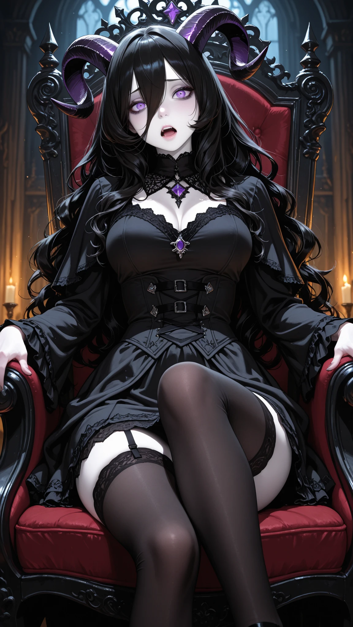 Hd, high quality, master piece, dark gothic room, 1 beautiful gothic girl sitting on a dark couch, short black hair, pale skin, blue eyes, gothic makeup, huge breasts, curvy figure, gothic school uniform, fishnet stockings, black high boots.