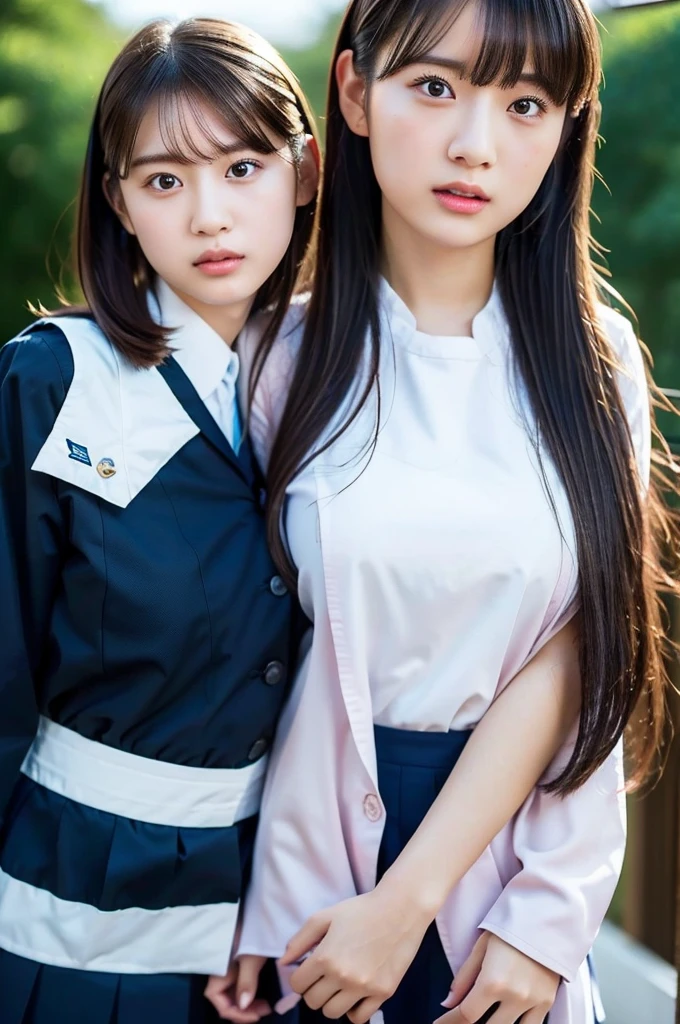 Two anime girls with long hair on their backs holding a heart with their arms