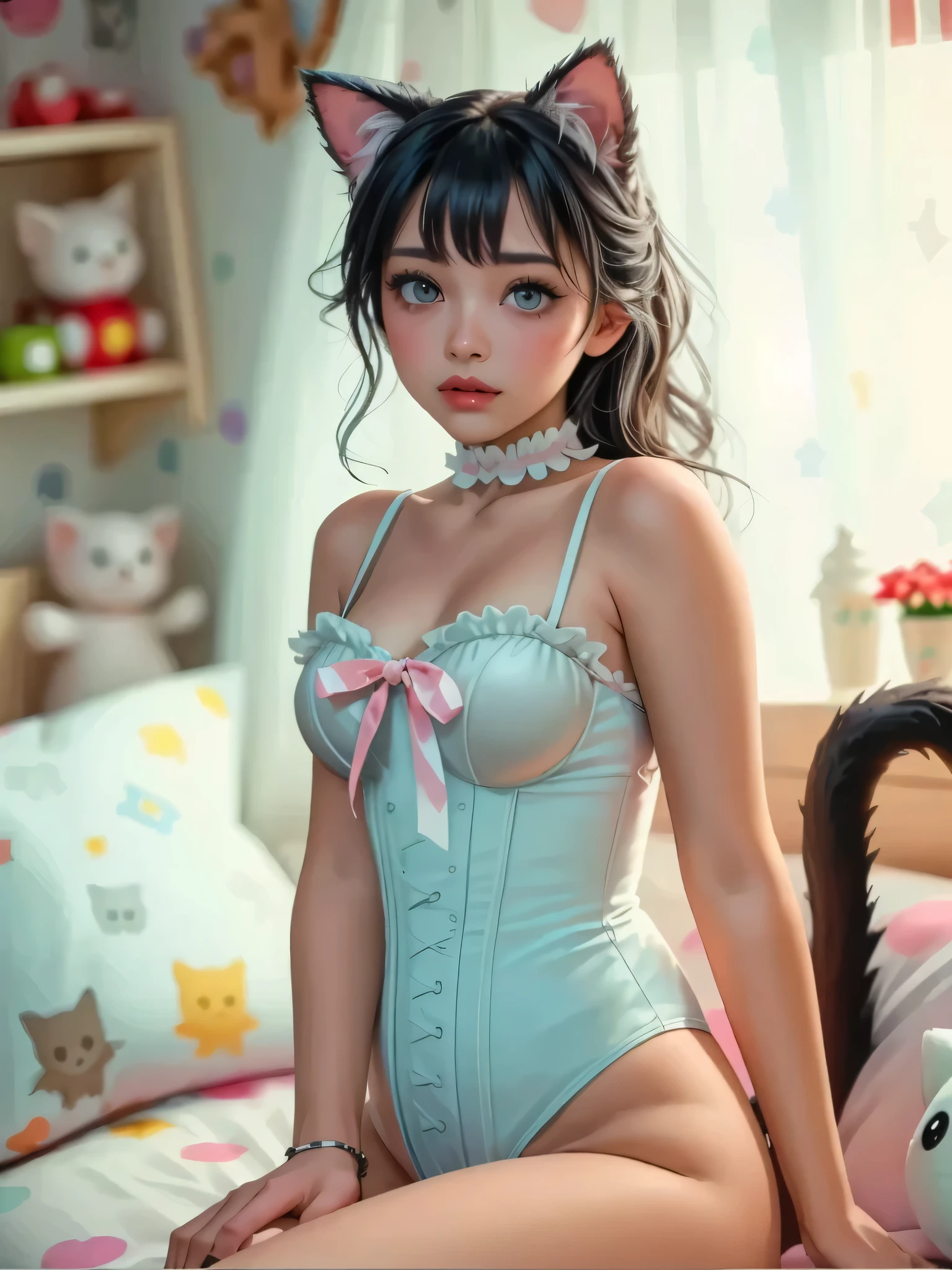 ((Highly accurate drawing across the details) Extremely accurate depiction )[high res],((Realistic texture expression)),(Clear and precise illustrations),(Very fine and precise drawing ),(Delicate lines with slow speed)[[Beautifully color-tressed main lines]],(Fairytale room background[Bizarre bedroom[[Gothic Horror Style]]]),[HENTAI [ ANIMATED]]([[Asian]beautiful Japanese girl]JapaneseGirl(Beautiful(beautiful, deep colored, big eyes[cat's-eye])[Faces with a cat-like vibe])[Age 15][High-class girl prostitute][( Gloss and beautiful hair )soft and voluminous hair](Cat ears[plump](Big Saggy Breasts,[Wide areola]))),(Full Body Lingerie(Pure white corset)([(race[Ornate embroidery ])frills[ribbon]](Silk material[Realistic fabric thickness representation])[(sweet)LolitaFashion])[Wacoal[[Salute]]][ Peach John][[see-through]]),[Realistic and glossy skin expression ([High humidity](Soft body)),([[annuit]] gravure) (Soft ambient light[Transparency]),(Intricate and beautiful decoration[high density details]),(Fine, and beautiful skin expression[Transparencyのあるリアルな皮膚テクスチャ]),(Beautiful eyes drawn with precision detail[Clear, large eye contours])[[深いTransparency][Sharply defined pupils](Iris like a gemstone that intricately reflects light)((Beautiful eyes clearly drawn down to the smallest detail))]),[[Eye Light]],[Long and beautiful eyelashes],[Soft looking lips[Slightly wet luster]],[[Uncluttered hairstyle]Precisely drawn hair one by one[美しく艷やかな髪のdetails]],(完璧な手のdetails[Beautiful fingers without flaws[Beautiful nails]]),[[[[Beautiful navel]リアルな臍のdetails]]],(Perfect Anatomy(Perfect, well-balanced proportions))[[full body view:0.4]],[[High level of design[The golden ratio]]][Ideal Colors Coordination(Accurate simulation of the interaction between light and materials)[Beautiful and vivid color(Moderately soft contrast balance)]],([precise details][HighQuality]high res(details(High precision in selection))),[[Deep color expression like thick paint(Transparency)]][Narrative visual art][[Natural Eros]],[[Personalization]](High-density drawing expressions)(最high res).
