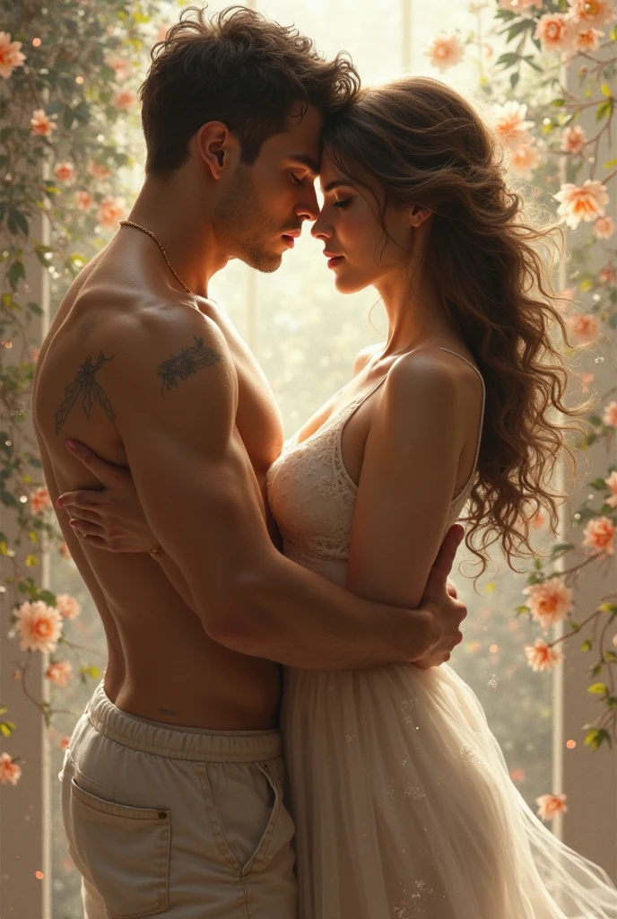 (photorealism:1.2), beautiful woman, handsome man on bed, naked ,man grabbing her boobes, kissing on her neck, long curly hair, indoors, soft lighting, plants in background, window with sunlight, cozy room, horny pose, realistic, intricate details, warm colors, by Greg Rutkowski, by Alphonse Mucha
