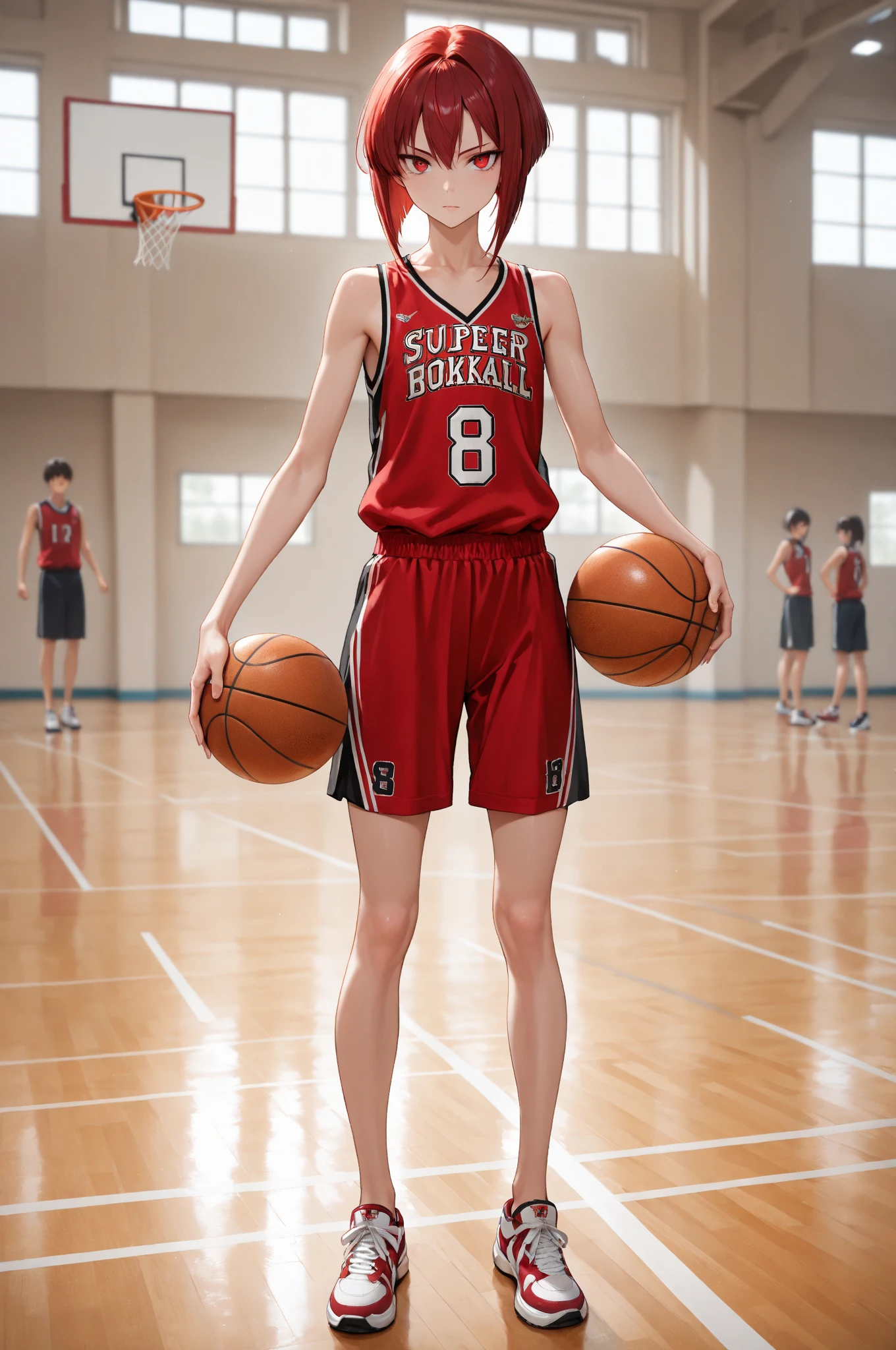 Anime, (An 18-year-old tall boy wearing white shorts and basketball uniform), with a young and handsome face, a delicate and perfect face, (tall and super developed:2), an amazing muscular figure, slender limbs, away from the camera, male, kneeling ,(from head to foot:2), Tall and strong, accurate, smiling, (anatomically correct), textured skin, super details, high details, high quality, Award winning, 85mm, Nikon, super detail, textured skin, anatomical accuracy, high resolution, best quality, 8k, masterpiece