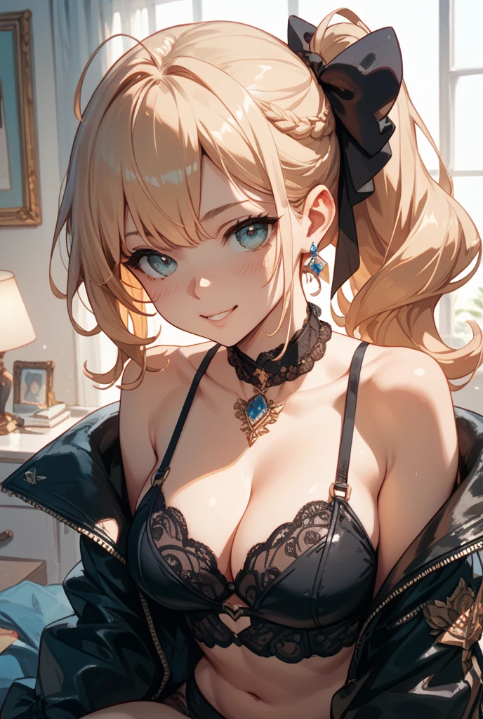 highest quality、Highest image quality、masterpiece、teenage girl((18-year-old、 Agar、vest bust、medium bust,wide open breast tea、golden eyes, blonde、ponytail、slender,highest valley、black dress、red nail polish、gothic loli fashion、vampire teeth、black underwear、open your mouth wide、spinning pose、A posture of leaning forward、cat hair ornament)),high quality、beautiful art、background((night live house、red laser light、blue laser light、random laser points、Virtual space、golden laser beam、purple laser light)),muste piece、Depth of written boundary、movie、visual art、perfect art、