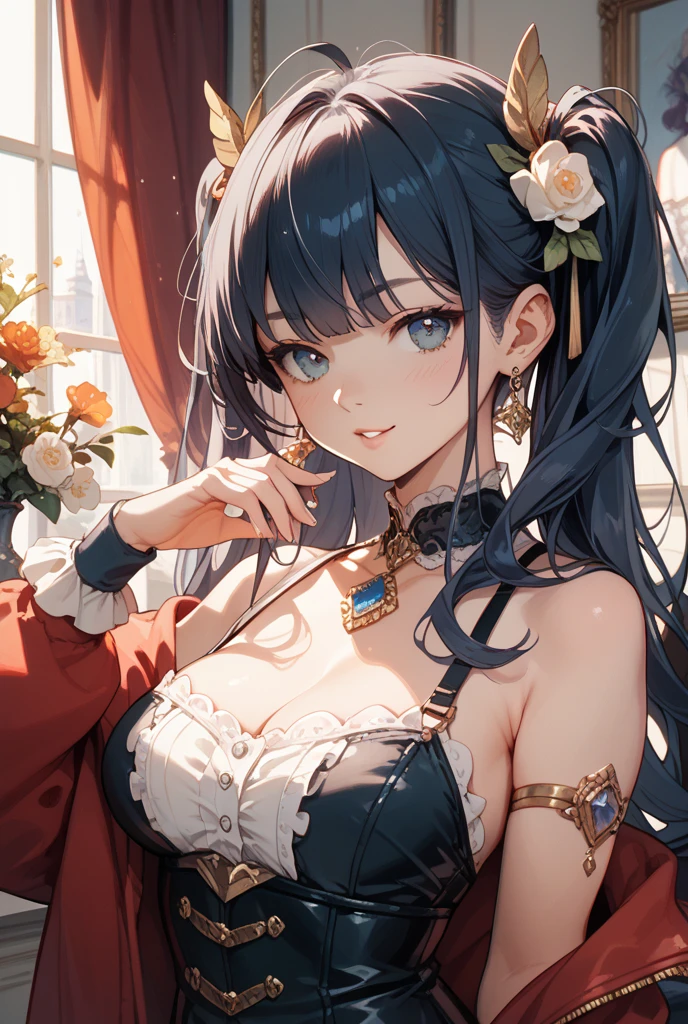absurdres, RAW photo, extremely delicate and beautiful, masterpiece, Best Quality, ultra high resolution, 32k, hyperrealistic, ultra-detailed, delicate facial features, beautiful detailed woman, tearful mole, earring, medium breasts, full body shot, medium hair, black hair, wavy hair, Onmyoji,