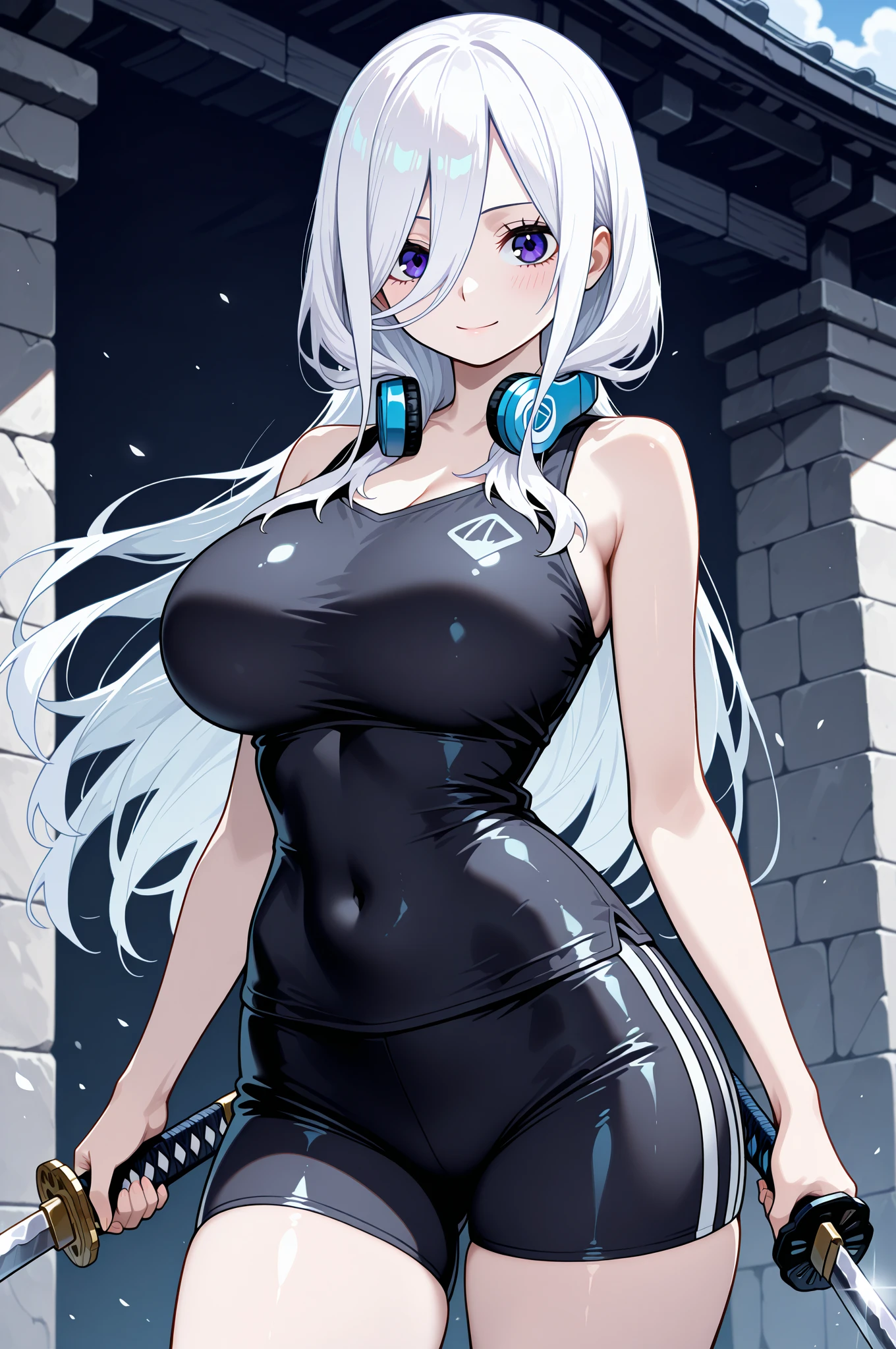 1 girl,masterpiece、Beautiful Lights、Detailed beautiful face、Detailed beautiful eyes、high resolution、Super detailed illustrations、Extremely refined、Top quality、Show your whole body、(Silver hair、shortcut:1.5、Purple Eyes)、(Drooping eyes、Beautiful eyes、Kamiaki),Curvy beauty, (Kneel down:1.5)、a smile、(Shiny hair, Shining eyes, Smooth skin), (Shiny skin) 、(Get on all fours、Bend forward、Arms placed、Gloves、elbowGloves、Emphasize chest、Open your legs、(Competition swimsuit、sleeveless 、turtleneck sweater)、Thighs Thighs Thighs Thighs、Observe your audience、under 、Blushed、Plump and strong thighs、(White tights:1.3)、Rosy cheeks、(abdomen)