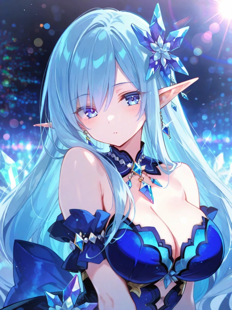 conceptual installation art, (ultra detailed, absolutely resolution, best quality:1.3), 2.5D, fantasy world that combines flower-punk and gem-punk, beauty elf, blonde silky straight hair with blunt bang, (attractive and seductive) and (amorous and lewd) expression, blue big eyes, glamorous proportions, wearing white knight commander costume with a large opening at the chest, background iridescent Tiffany Blue, distorted space from another dimension, delicate and dynamic effects, foggy filter effects, iridescent glitter effects, artistic, hyper, graphic CG digital fantasy art, portrait