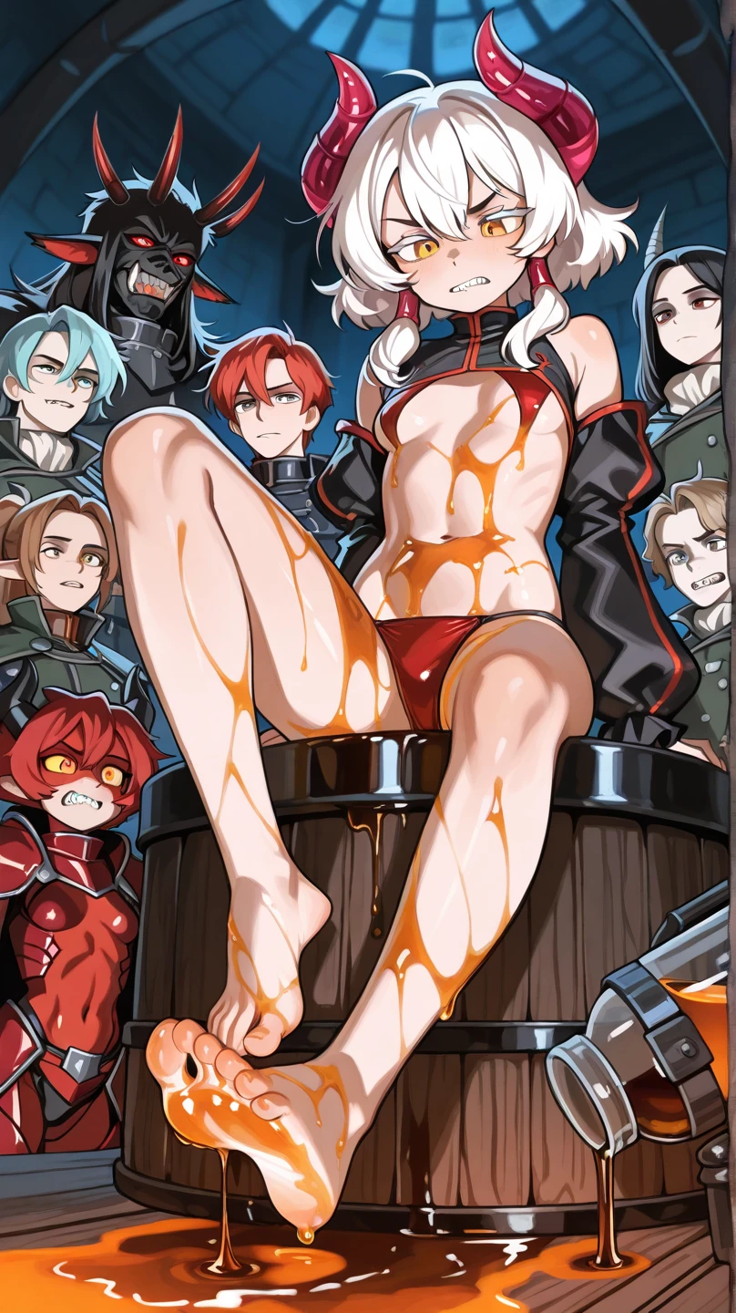 score_9, score_8_up, score_7_up, score_6_up, score_5_up, score_4_up , 1gw_n, 1girl, pale skin, green eyes, short orange hair, hair clip, sapphire earrings, nude, barefoot, foot focus, breast grab, blush, ship, ocean, sunset, looking at viewer, gangbang, interracial sex, huge penis, veiny penis, fellatio, imminent penetration, vaginal,