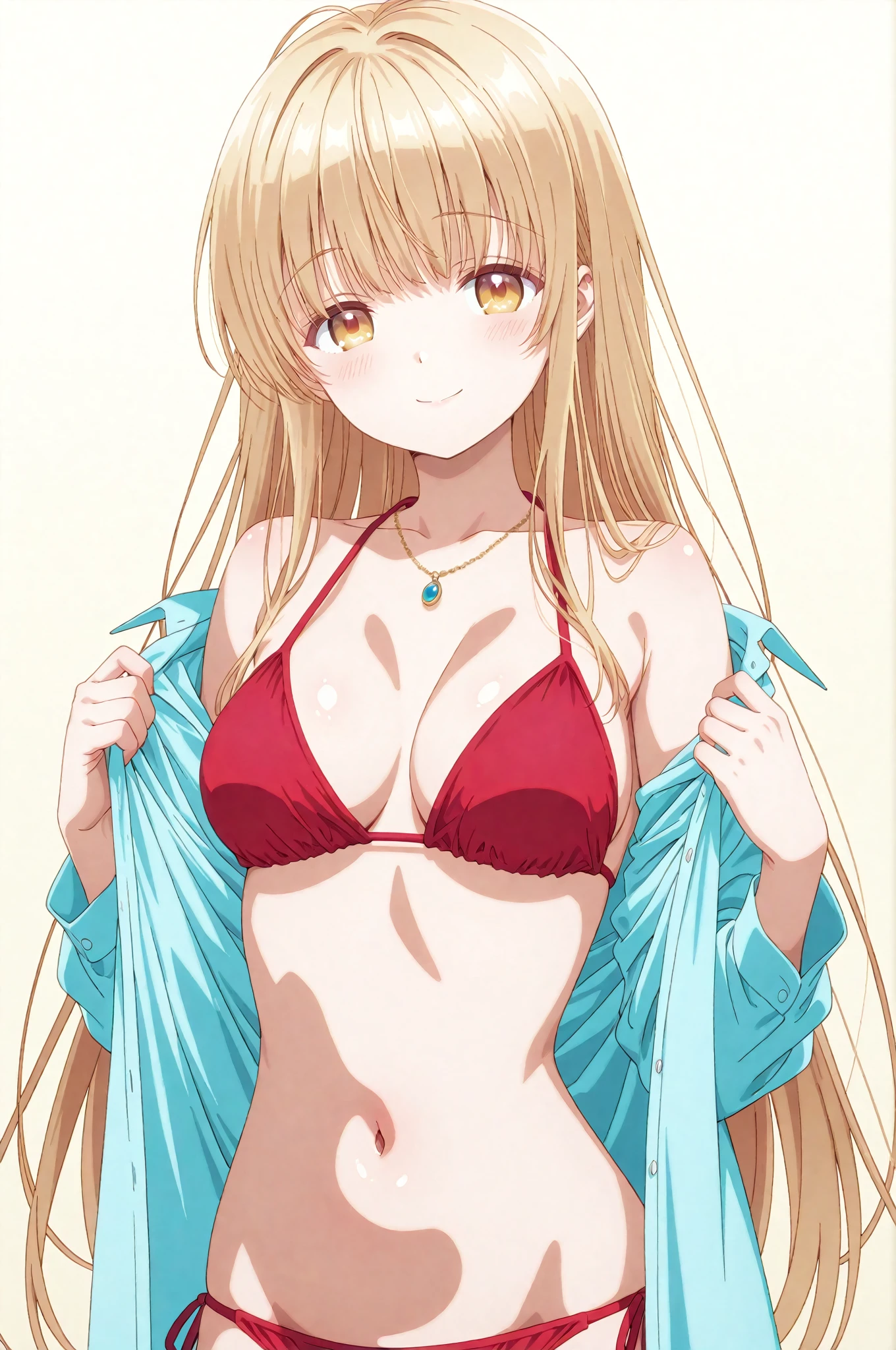 alone, (1 girl:1.3), 1 Grill, Ruby Hoshino, (yellow hair:1.5), long hair, (pink eyes:1.5), (side lock:1.3), (left eye star pupil:1.5), (pink right eye:1.5) (red bikini:1.3), (masterpiece:1.2), highest quality, High resolution, unity 8k wallpaper, (shape:0.8), (beautiful and detailed eyes:1.6), highly detailed face, perfect lighting, (perfect hands, perfect fingers, perfect anatomy), smile, best writing, best light up, (simple white background:1.3), (cowboy shot:1.3)