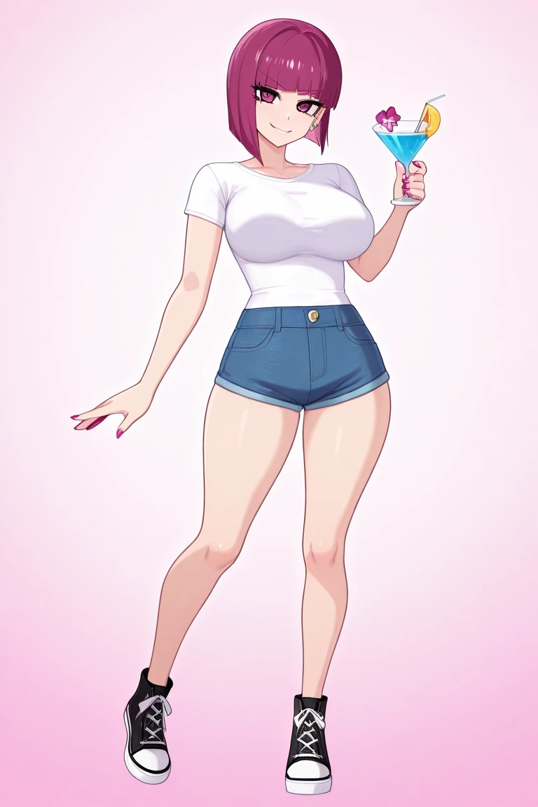 brown hair,blue eyes,short hair,Double tail,red headscarf,Red race swimsuit,Xiaoyao【Pokémon】blush,Smile,big breasts,Denim shorts,bedroom background, standing, idle, full body