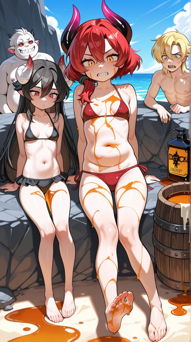 (wearing nothing:2),cooking, empty eyes, ICE CREAM, large breasts, 2girl, long hair, Orange hair, red eyes, pool, sea, , blue sky, short hair, silver hair, nipple