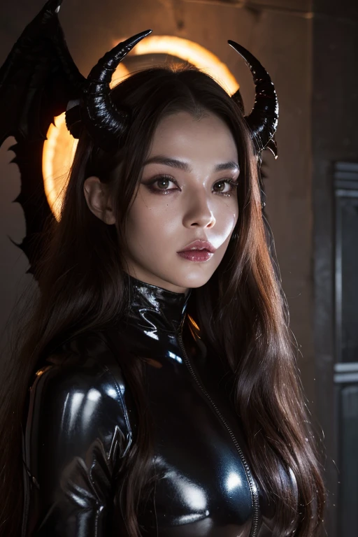 chang background cyberpunk beautiful girl realistic face, (huge breasts), devil smile, 32k