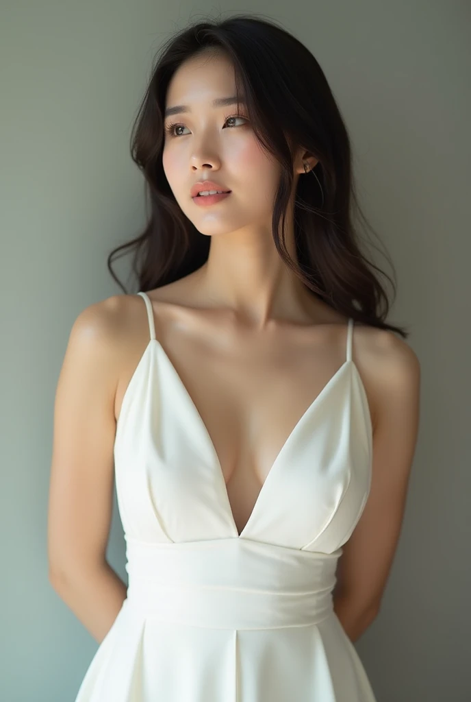 30 years old hong kong woman in white room, one piece swimsuit, try on haul, black straight hair, straight hair, instagram story photo