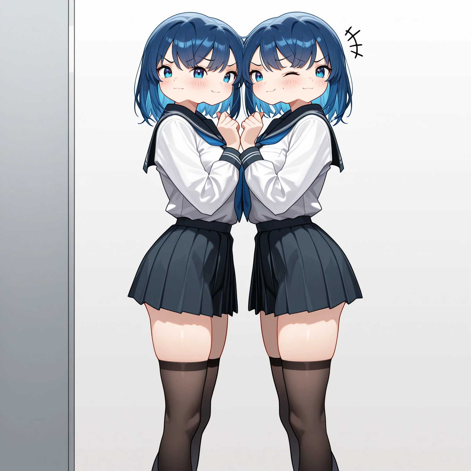 (Tabletop, Highest quality, Super detailed, 8k, ), ((Perfect hands)), ((Perfect Anatomy)), Medium cleavage, standing on the stairs of an abandoned concrete building、  ((Attractive anime one girl)), ((Rei Ayanami)),,((Detailed face)), ((Junior high school student wearing a dark blue uniform:1.2))、((White panties)) , Kamimei , ((Akame))、 ((Sticking out her big ass、Lean forward and turn)))((thin indigo short hair:1.0))、