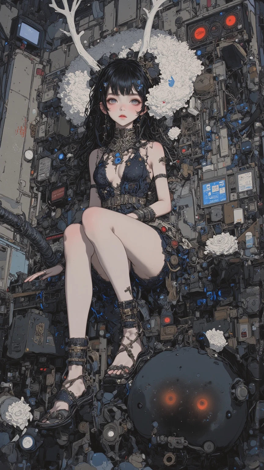masterpiece、top-quality、hight resolution、High-quality images、8K、1womanl、detaileds、Detailed eye depiction、skin gloss、Lustrous black hair、Monochrome grayscale、Lisa、portlate、android、Built-in clock on body surface