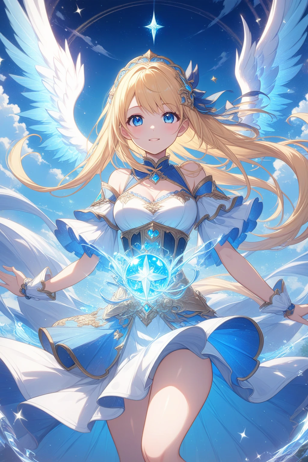 (4K、High resolution image quality、Detailed light、Detailed Shadows、Detailed Design)、1 girl、Blonde、Long Hair、Straight Hair、Fantasy、Blue and white outfit、((Modest chest、Small breasts))、Angel、((Valkyrie))、Decoration on the head、Angelの羽、god々Shii、Floating in the sky、