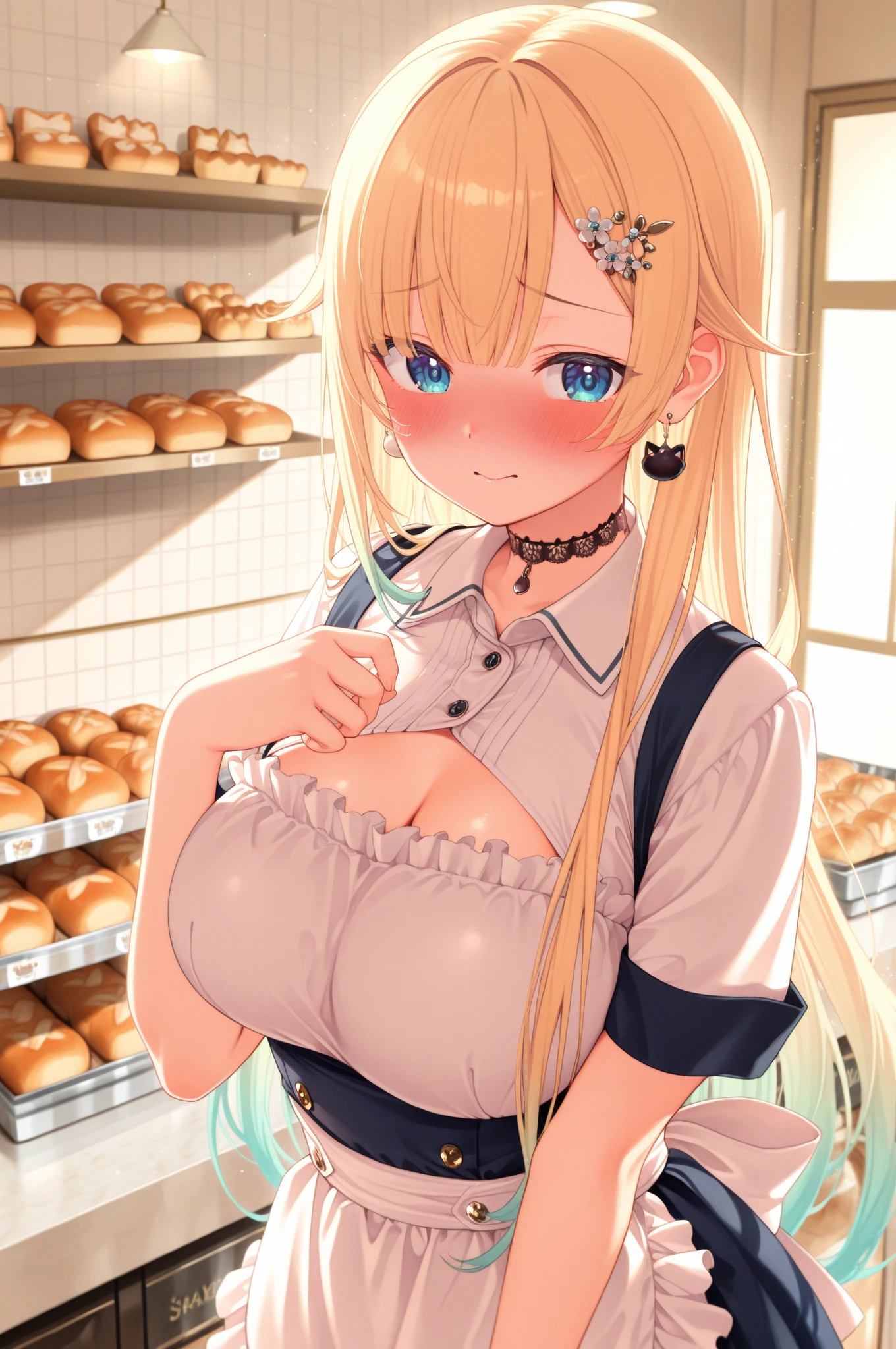 1girl, nsfw,　Reines El-Melloi Archisorte 　LONG HAIR, BLONDE HAIR, AQUA EYES, BERET, BLACK HEADWEAR, HAIR FLOWER, RIBBON,,, empty eyes, (large breasts, Naked:1.5), nipple, Walking, Cooking Classes, Sweets shop, frozen, Wet, crying,  (1girl) Blank look, Peeing, lactation, projectile lactation