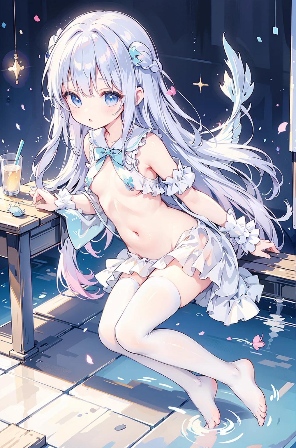 (nsfw:1.3),(open chest:1.3),((very flat chest :1.3)),((open skirt:1.3)),((looking pussy:1.3)),((side tie panties)),((nsfw panties:1.3)),highest quality, masterpiece, long eyelashes, Sparkling輝く目, Dresses with ruffles and ribbons, Eat cake in a café, Sparkling, Cat ear, flower hair ornament,