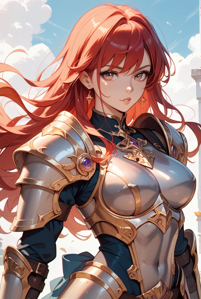 Gold Armor, 4K image, assembly, best quality, masterpiece, movie lighting ,Sexy,Large Breasts,Cleavage,action,In battle,Cleavage,anger,noble,light beam from hand,Golden lightning surrounds,Red hair,Ponytail hairstyle,Saint Seiya Leo Aiolia,Blink,Lipstick