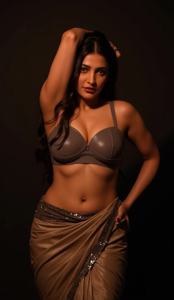 Day scene, full body photo of a sexy milf aishwarya rai, posing, , black saree, large breasts, navel show, cleavage show, seductive face, look at camera and smile, ponytail hair, (green eyes:0.8), cute mature face, 50 yo, soft volumetric lightacklit:1.3), (cinematic:1.3), intricate details, (ArtStation:1.2)