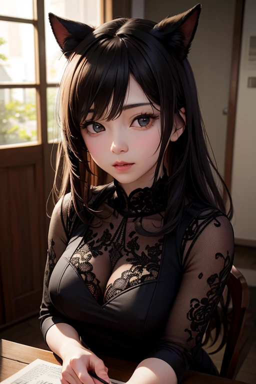 black lingerie , nsfw , huge breasts , straight hair